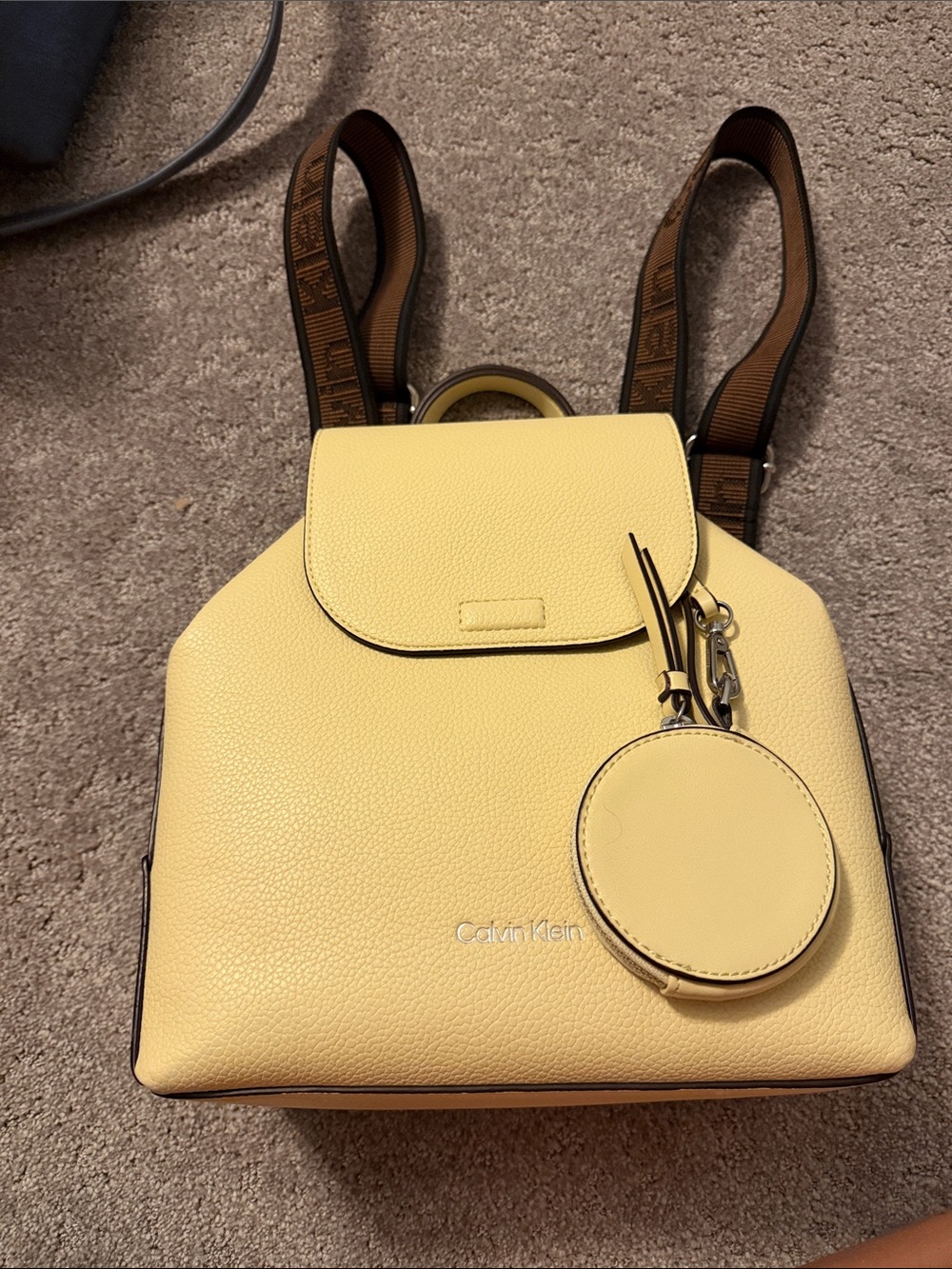 Calvin Klein Lemon Yellow Pebbled Leather Backpack with Coin Pouch